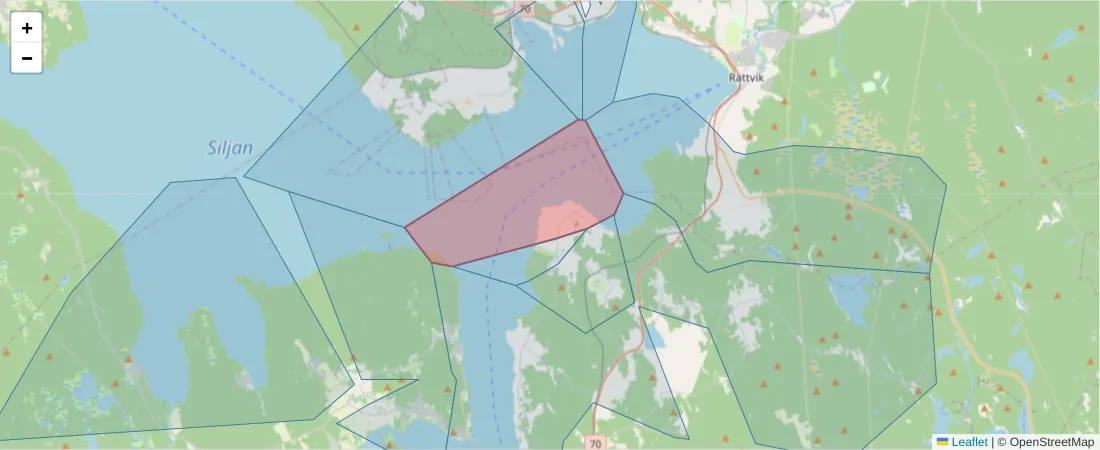 Karta över postnummerområdet  och angränsande postnummer i Sverige