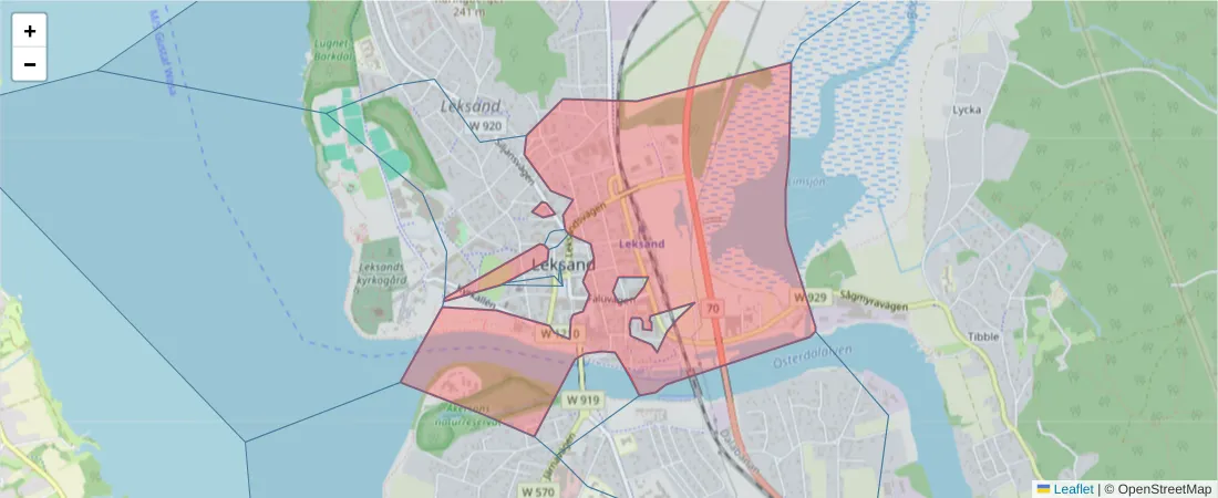 Karta över postnummerområdet  och angränsande postnummer i Sverige