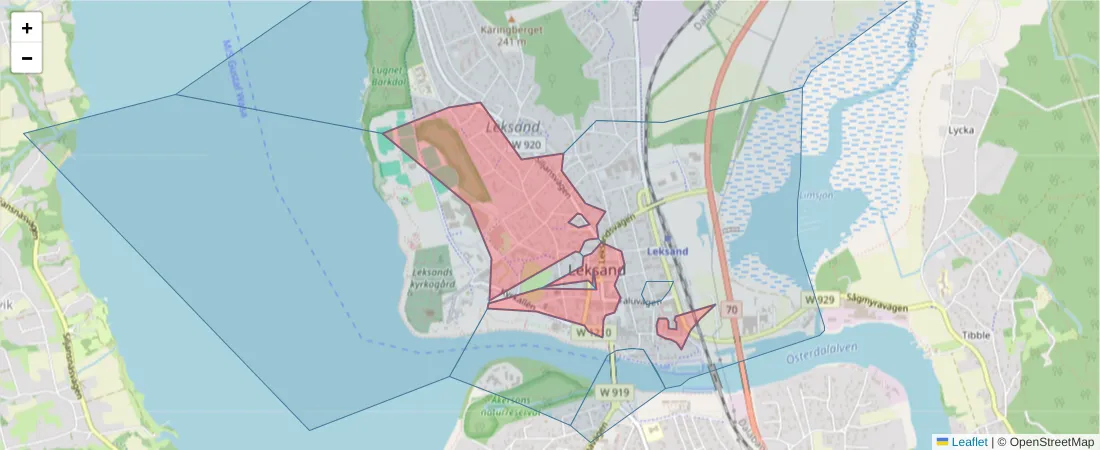 Karta över postnummerområdet  och angränsande postnummer i Sverige