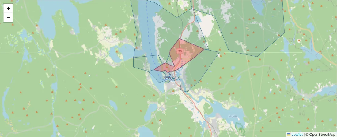 Karta över postnummerområdet  och angränsande postnummer i Sverige