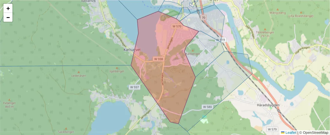 Karta över postnummerområdet  och angränsande postnummer i Sverige