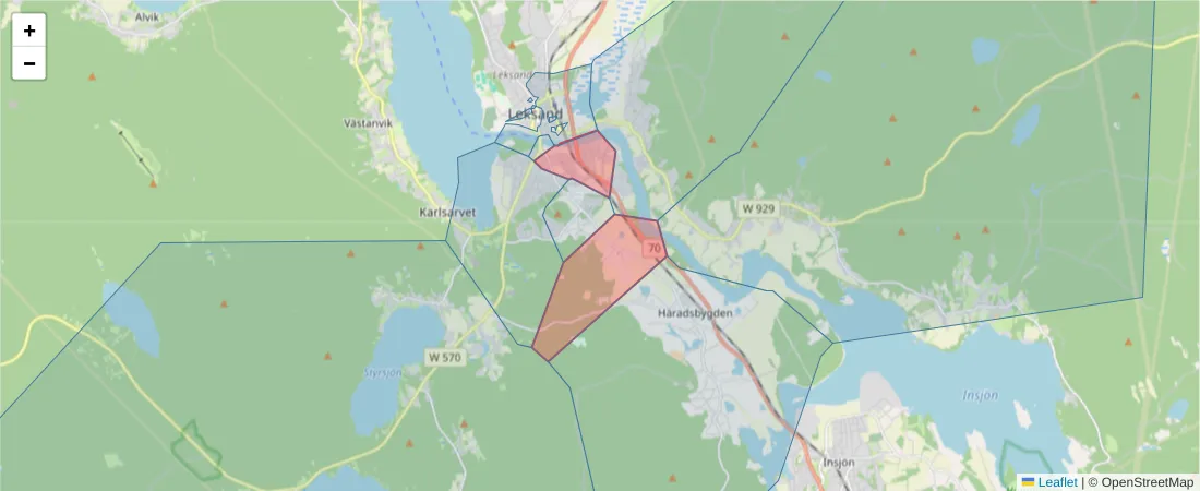 Karta över postnummerområdet  och angränsande postnummer i Sverige