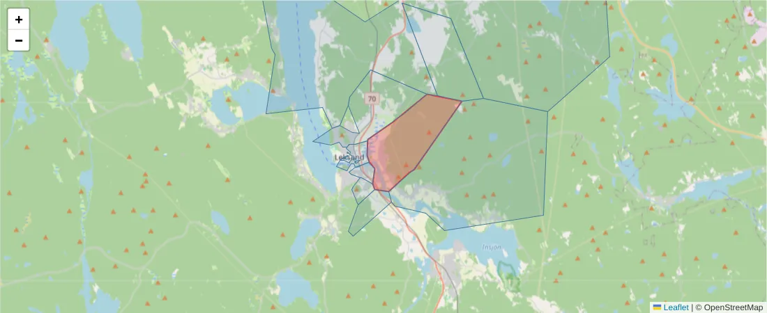 Karta över postnummerområdet  och angränsande postnummer i Sverige