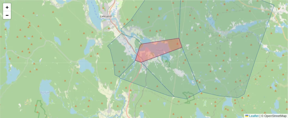 Karta över postnummerområdet  och angränsande postnummer i Sverige