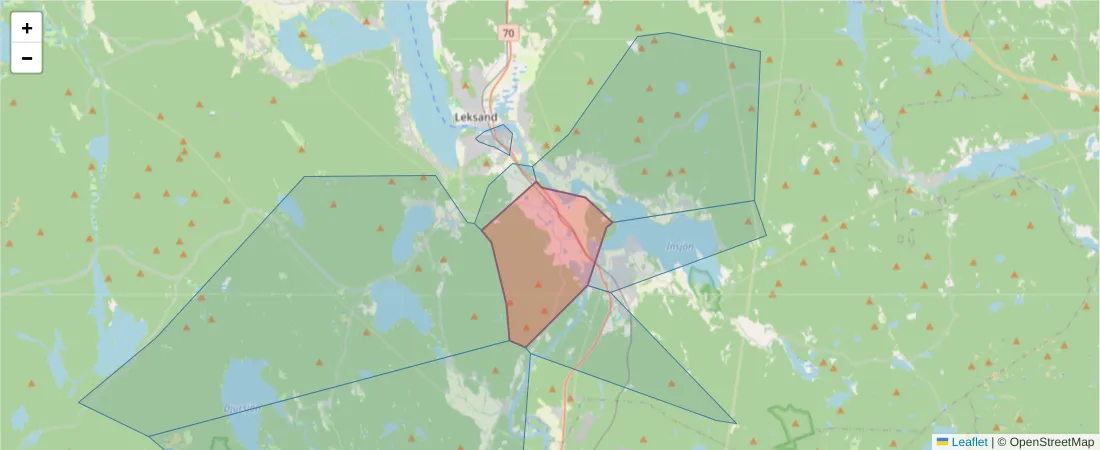Karta över postnummerområdet  och angränsande postnummer i Sverige