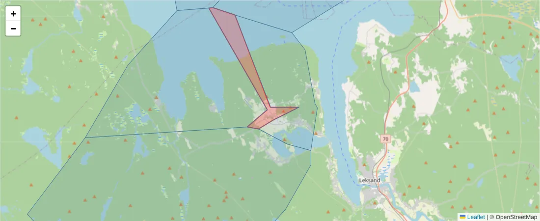 Karta över postnummerområdet  och angränsande postnummer i Sverige