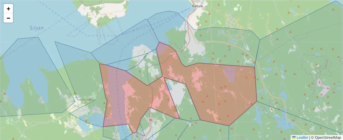 Karta över postnummerområdet  och angränsande postnummer i Sverige