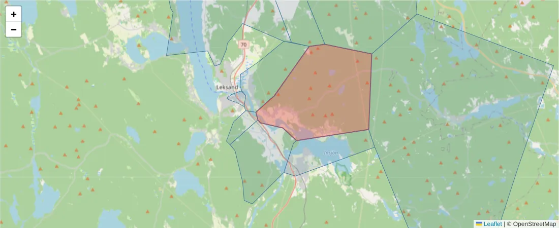 Karta över postnummerområdet  och angränsande postnummer i Sverige