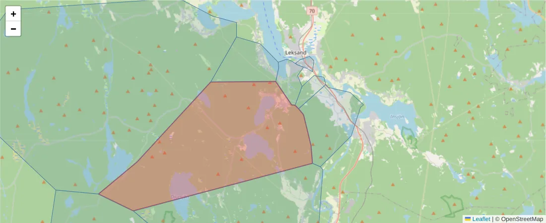 Karta över postnummerområdet  och angränsande postnummer i Sverige