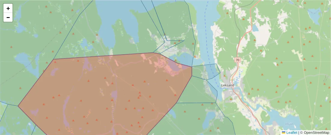 Karta över postnummerområdet  och angränsande postnummer i Sverige