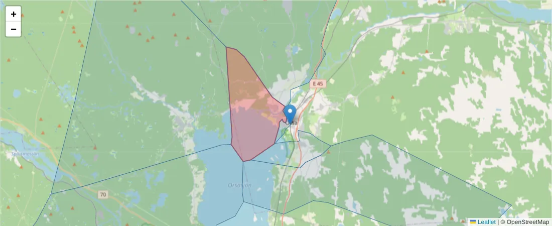 Karta över postnummerområdet  och angränsande postnummer i Sverige