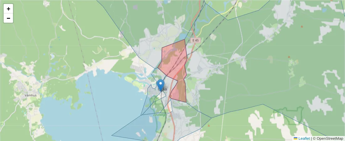 Karta över postnummerområdet  och angränsande postnummer i Sverige