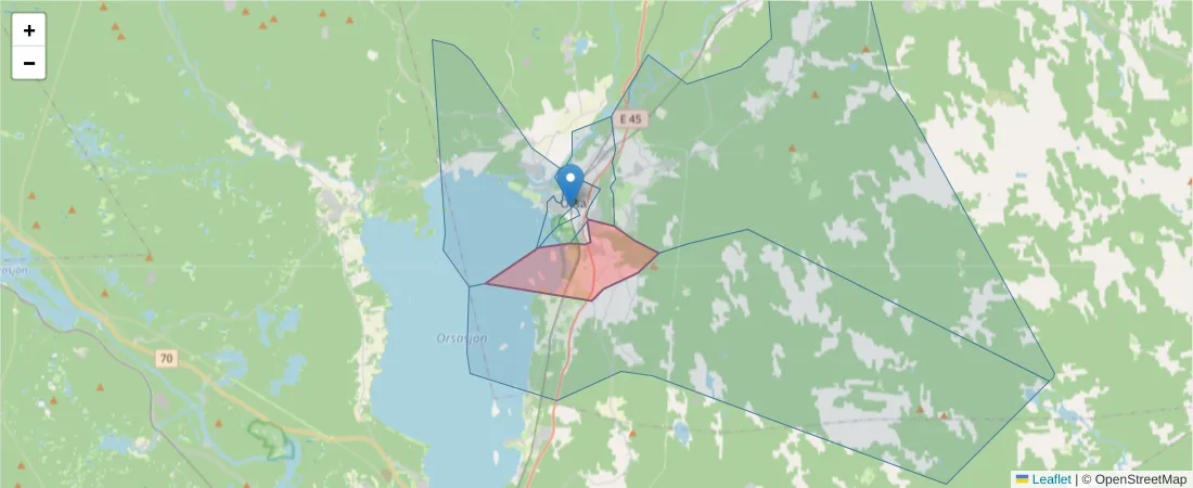 Karta över postnummerområdet  och angränsande postnummer i Sverige