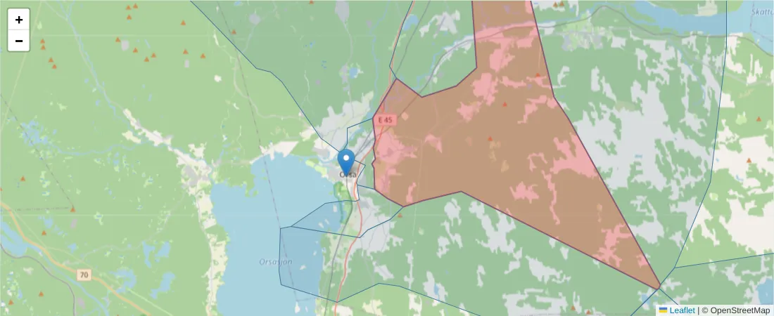 Karta över postnummerområdet  och angränsande postnummer i Sverige