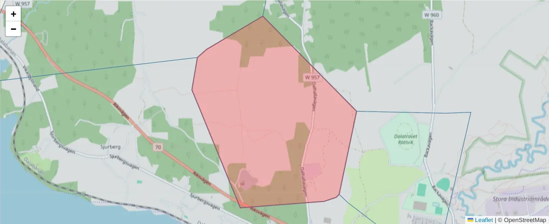 Karta över postnummerområdet  och angränsande postnummer i Sverige