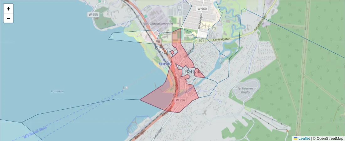 Karta över postnummerområdet  och angränsande postnummer i Sverige