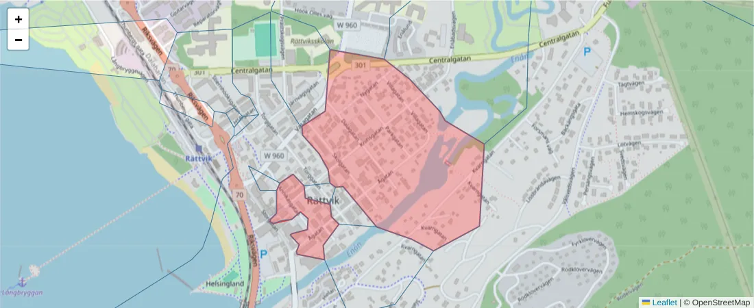 Karta över postnummerområdet  och angränsande postnummer i Sverige