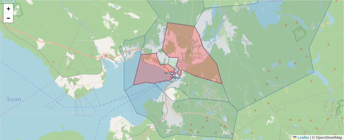 Karta över postnummerområdet  och angränsande postnummer i Sverige