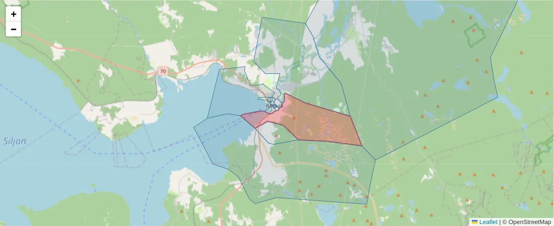 Karta över postnummerområdet  och angränsande postnummer i Sverige