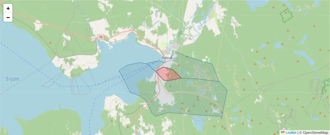 Karta över postnummerområdet  och angränsande postnummer i Sverige