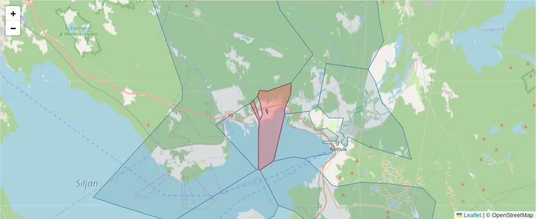 Karta över postnummerområdet  och angränsande postnummer i Sverige