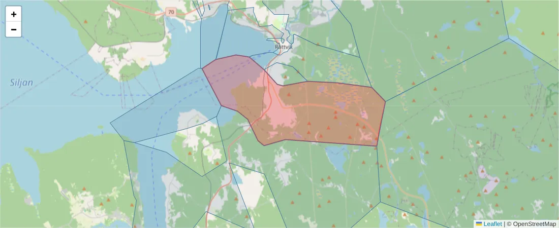 Karta över postnummerområdet  och angränsande postnummer i Sverige