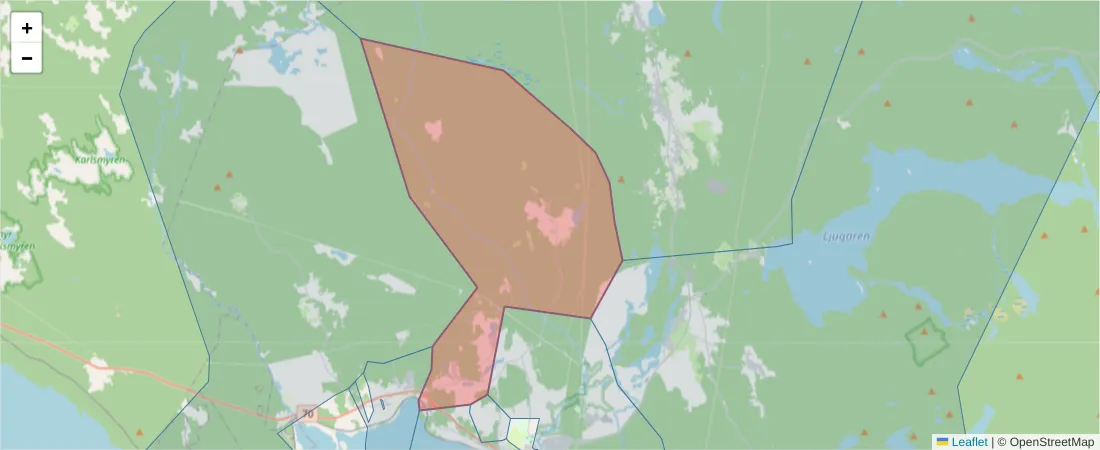 Karta över postnummerområdet  och angränsande postnummer i Sverige