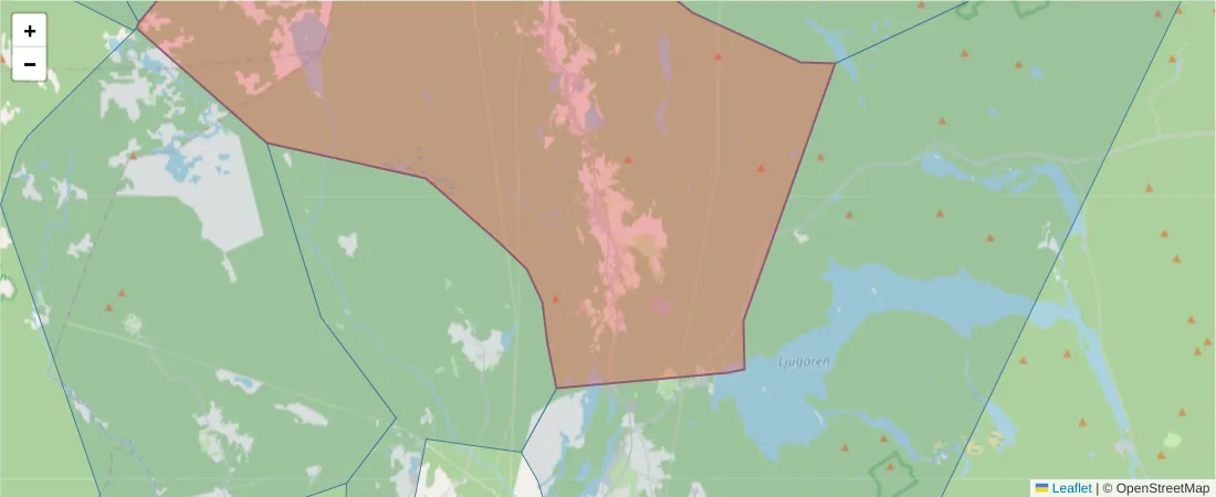 Karta över postnummerområdet  och angränsande postnummer i Sverige