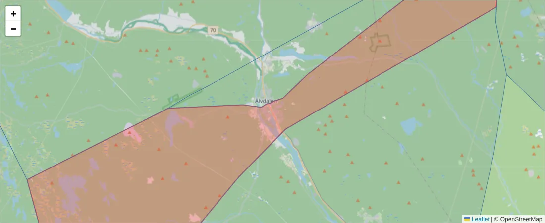 Karta över postnummerområdet  och angränsande postnummer i Sverige