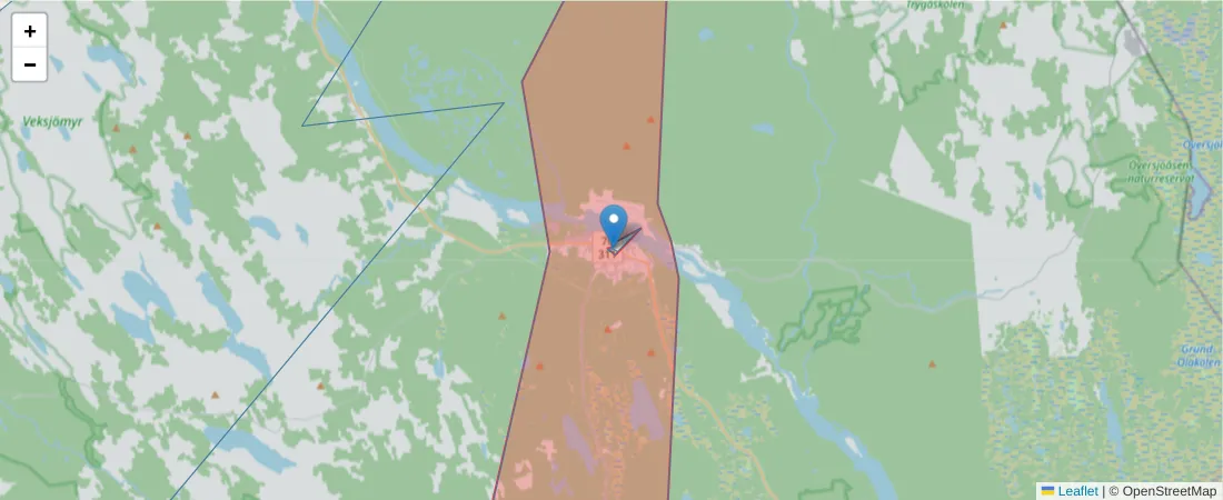 Karta över postnummerområdet  och angränsande postnummer i Sverige