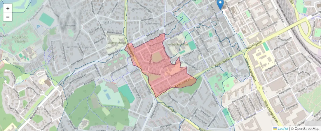 Karta över postnummerområdet  och angränsande postnummer i Sverige