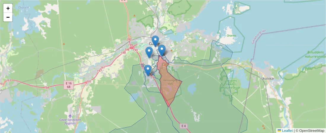 Karta över postnummerområdet  och angränsande postnummer i Sverige