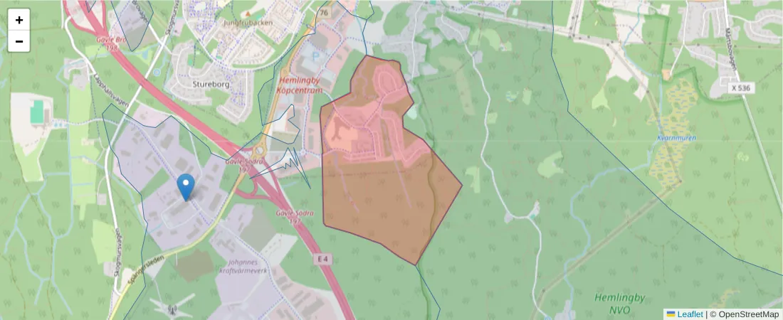 Karta över postnummerområdet  och angränsande postnummer i Sverige