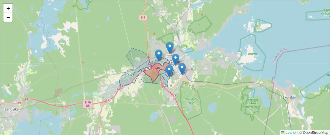 Karta över postnummerområdet  och angränsande postnummer i Sverige