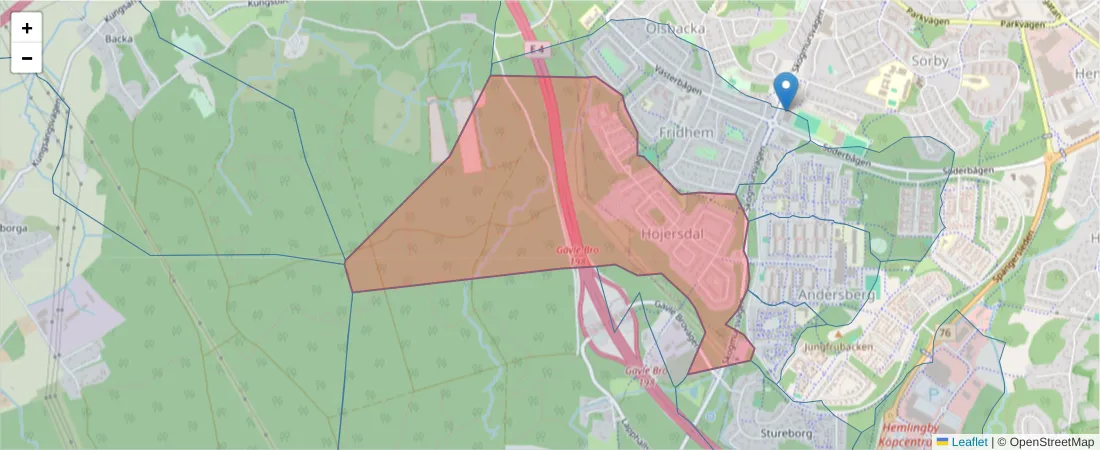 Karta över postnummerområdet  och angränsande postnummer i Sverige
