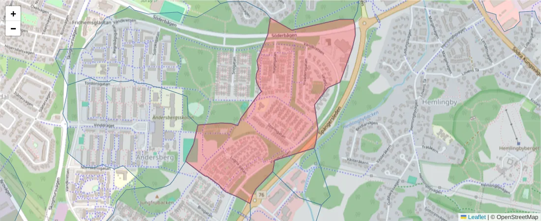 Karta över postnummerområdet  och angränsande postnummer i Sverige