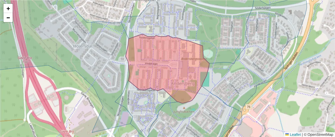 Karta över postnummerområdet  och angränsande postnummer i Sverige