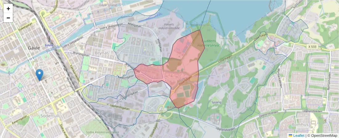 Karta över postnummerområdet  och angränsande postnummer i Sverige