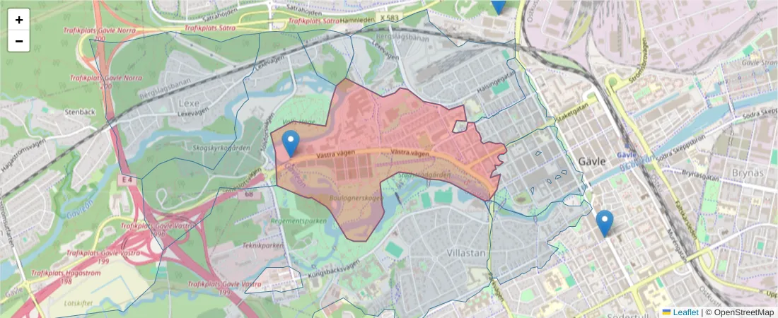 Karta över postnummerområdet  och angränsande postnummer i Sverige