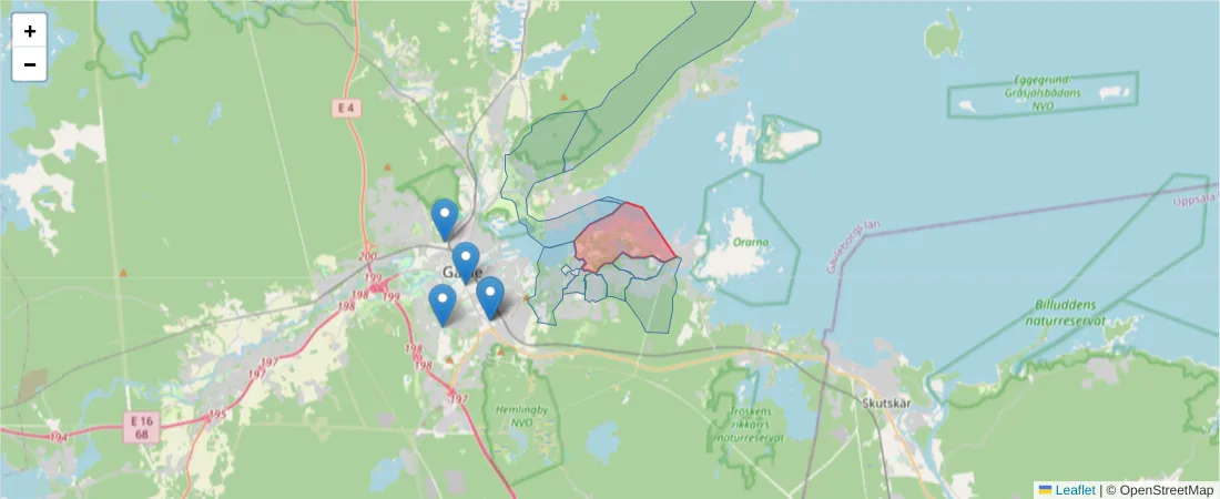 Karta över postnummerområdet  och angränsande postnummer i Sverige
