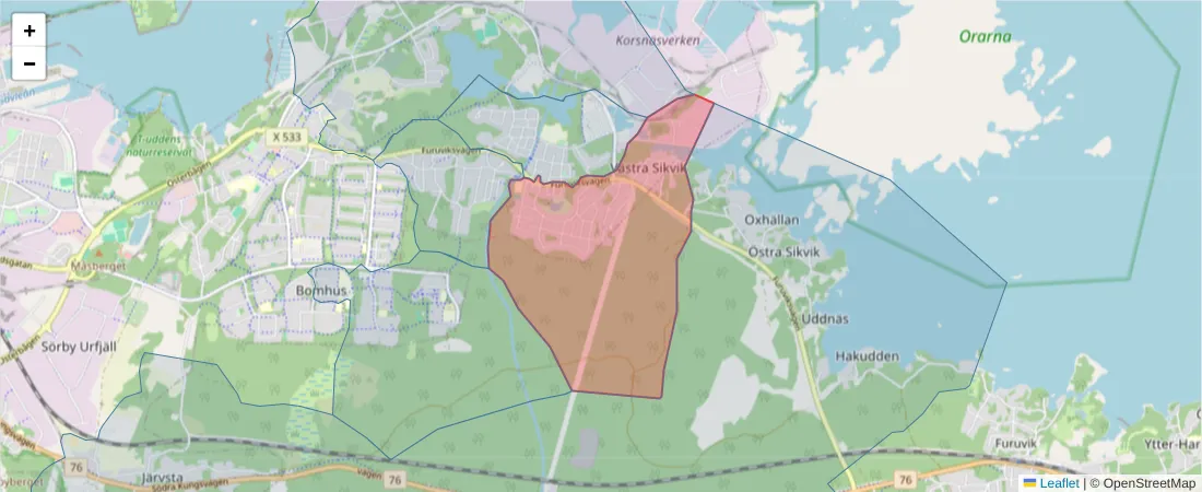 Karta över postnummerområdet  och angränsande postnummer i Sverige
