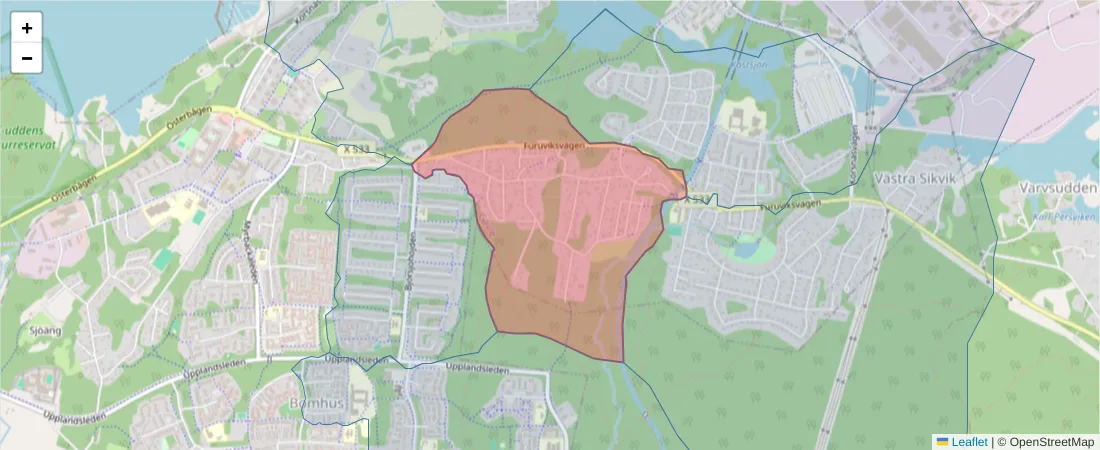 Karta över postnummerområdet  och angränsande postnummer i Sverige