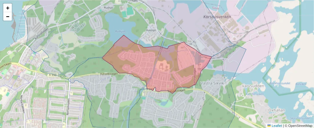 Karta över postnummerområdet  och angränsande postnummer i Sverige