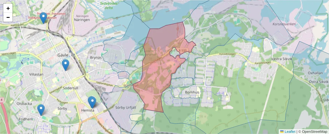 Karta över postnummerområdet  och angränsande postnummer i Sverige