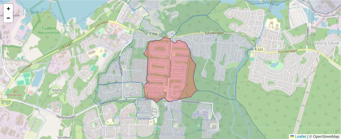 Karta över postnummerområdet  och angränsande postnummer i Sverige