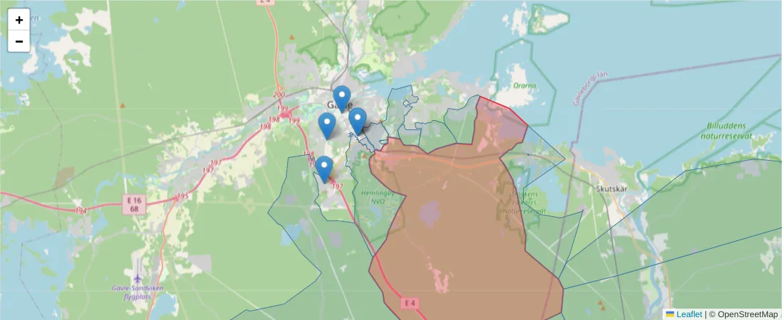 Karta över postnummerområdet  och angränsande postnummer i Sverige