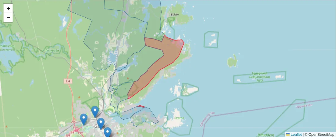 Karta över postnummerområdet  och angränsande postnummer i Sverige