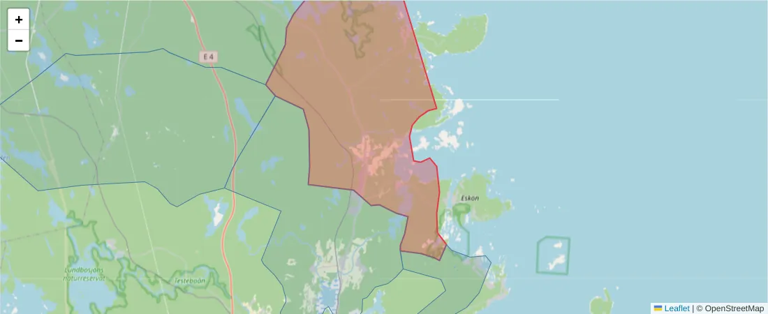 Karta över postnummerområdet  och angränsande postnummer i Sverige
