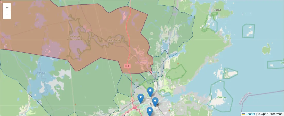 Karta över postnummerområdet  och angränsande postnummer i Sverige