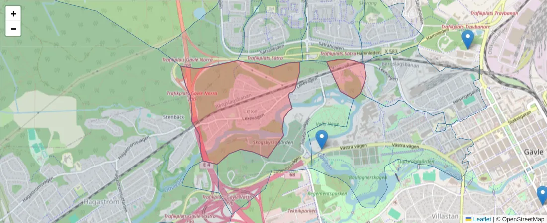 Karta över postnummerområdet  och angränsande postnummer i Sverige